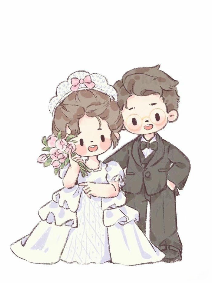 Ảnh chibi cưới tranh vẽ tay lãng mạn