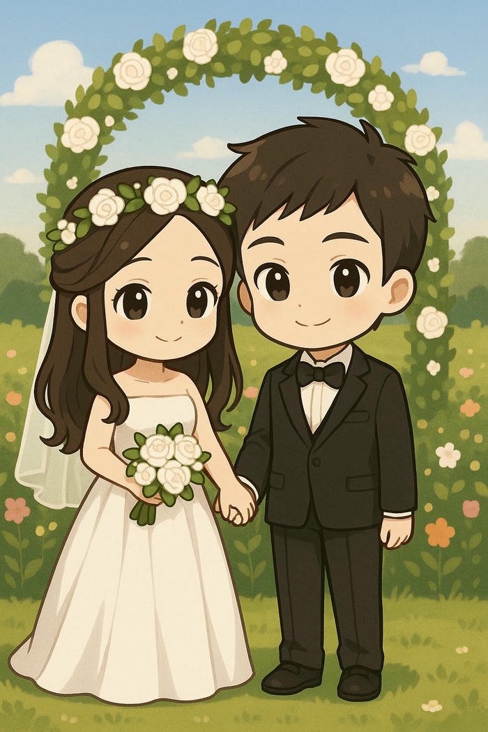 Ảnh cưới chibi anime minh họa cặp đôi