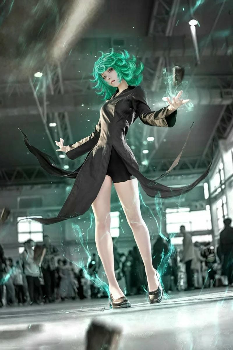 Cosplay Tatsumaki anime tóc xanh, váy bay mềm mại
