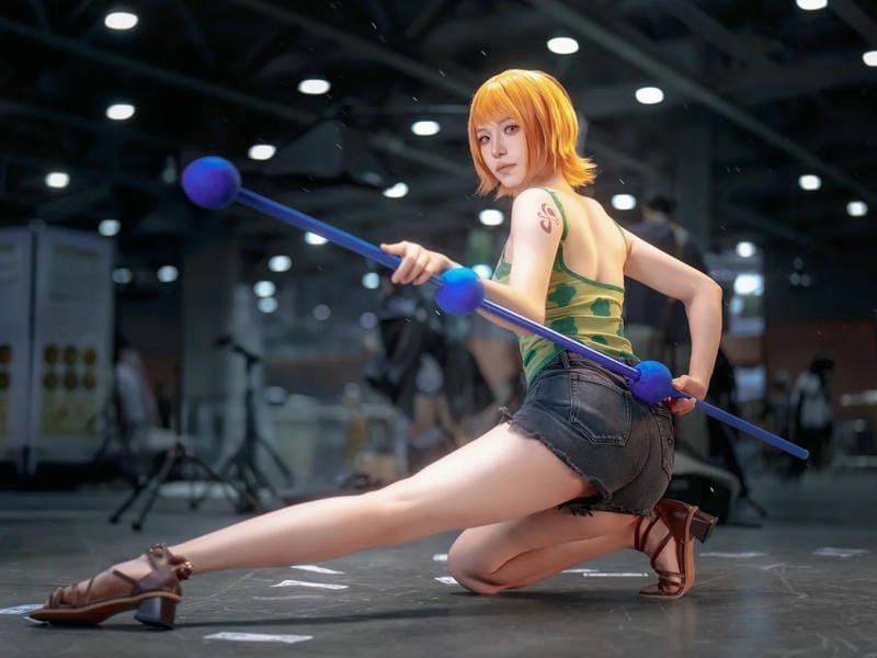 Hình Nami cosplay cầm gậy hải tặc One Piece