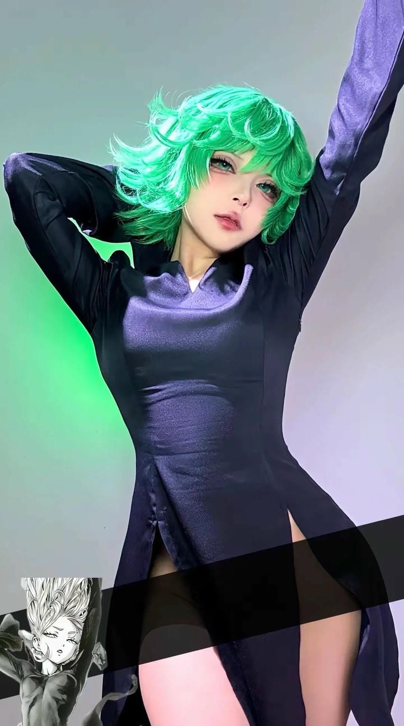 Tatsumaki cosplay full body với ánh đèn xanh