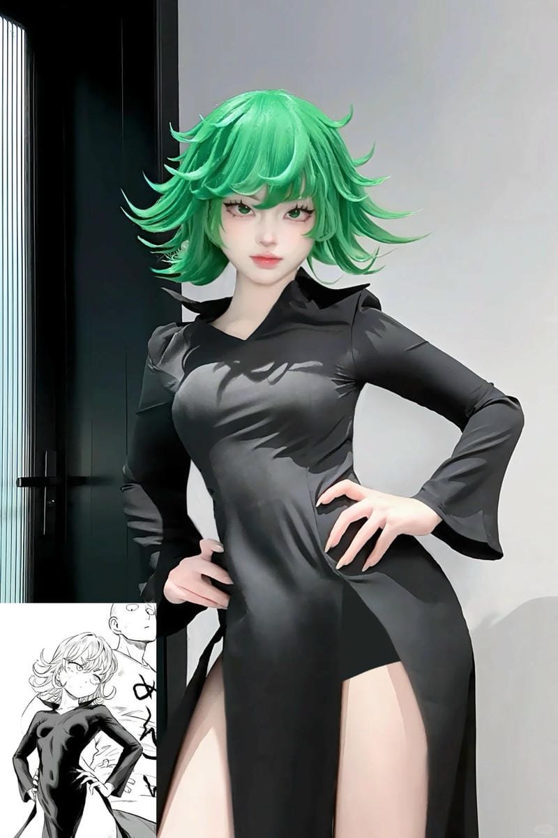 Tatsumaki cosplay váy xanh dài, tóc tung bay
