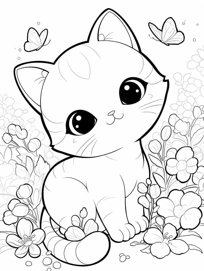 bản tô mèo baby ngồi trong vườn hoa xinh xắn