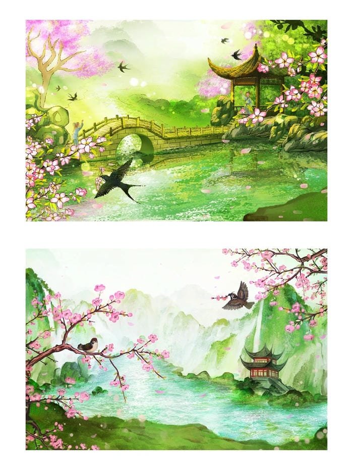 bức tranh hội họa về hoa đào mùa xuân