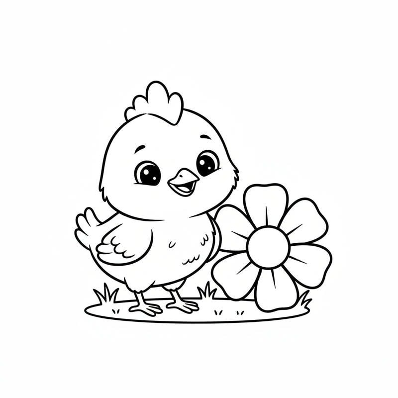 con gà mái đáng yêu cầm bông hoa tranh tô màu đơn giản
