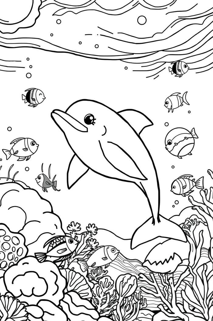 đáng yêu tranh tô màu cá heo dưới biển