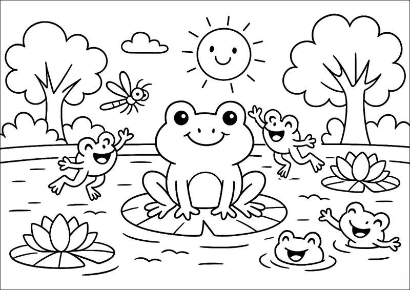 dễ thương tranh tô màu con ếch ngồi trên lá sen