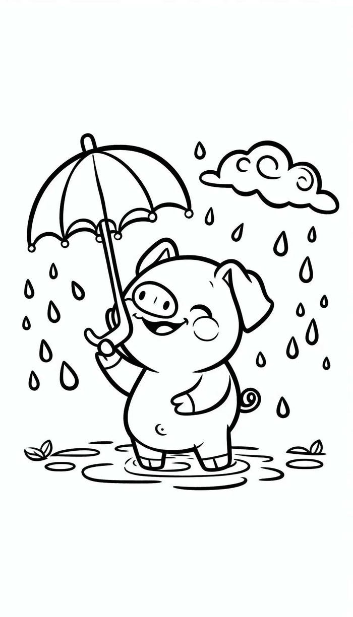 dễ thương tranh tô màu con heo đứng dưới mưa