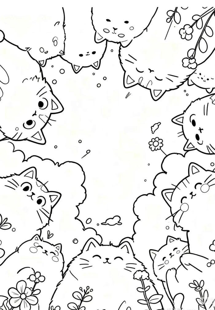 dễ thương tranh tô màu con mèo chụm đầu vào nhau cute