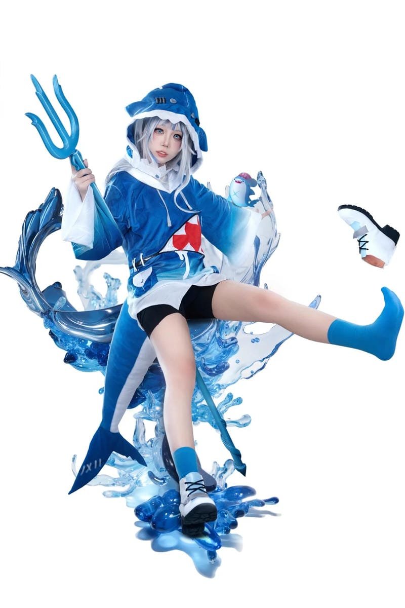gawr gura cosplay tóc trắng xanh nổi bật
