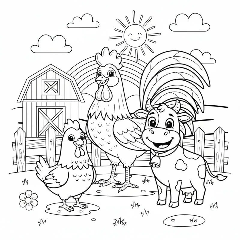 hình vẽ gà trống đang đứng trong trang trại