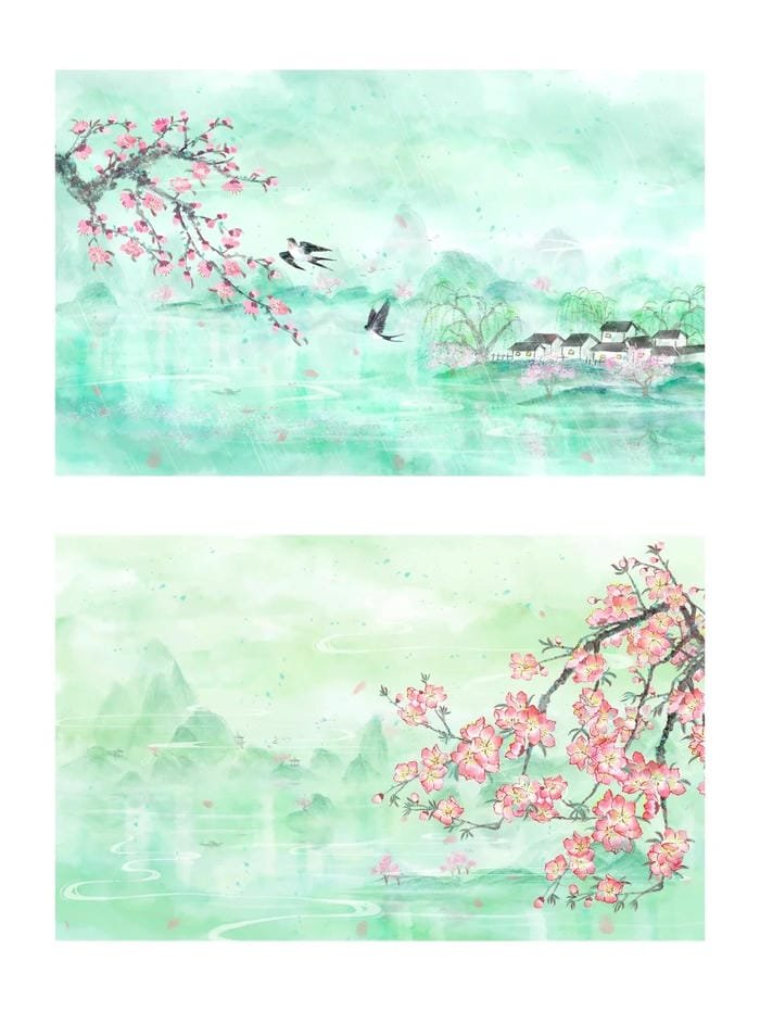 hội họa hoa đào với gam màu hồng pastel nền xanh