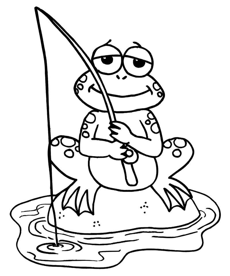 lineart con ếch đáng yêu nét to đang câu cá