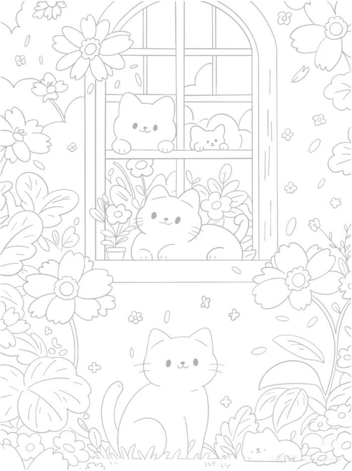 mẫu con mèo dưới nắng nằm cạnh cửa sổ tô màu