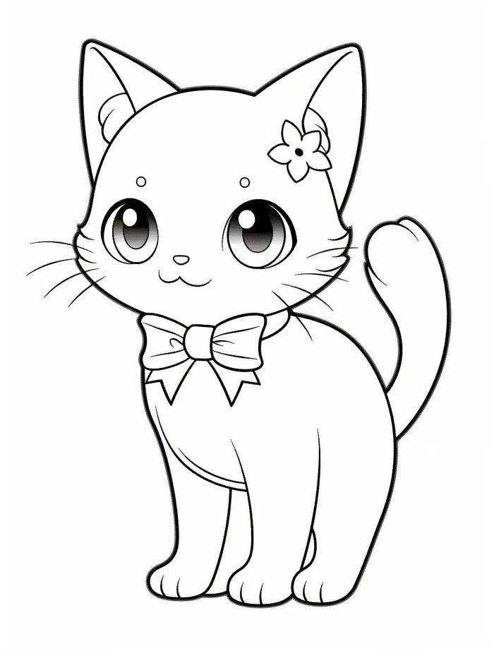 mẫu con mèo thắt nơ tô màu đơn giản