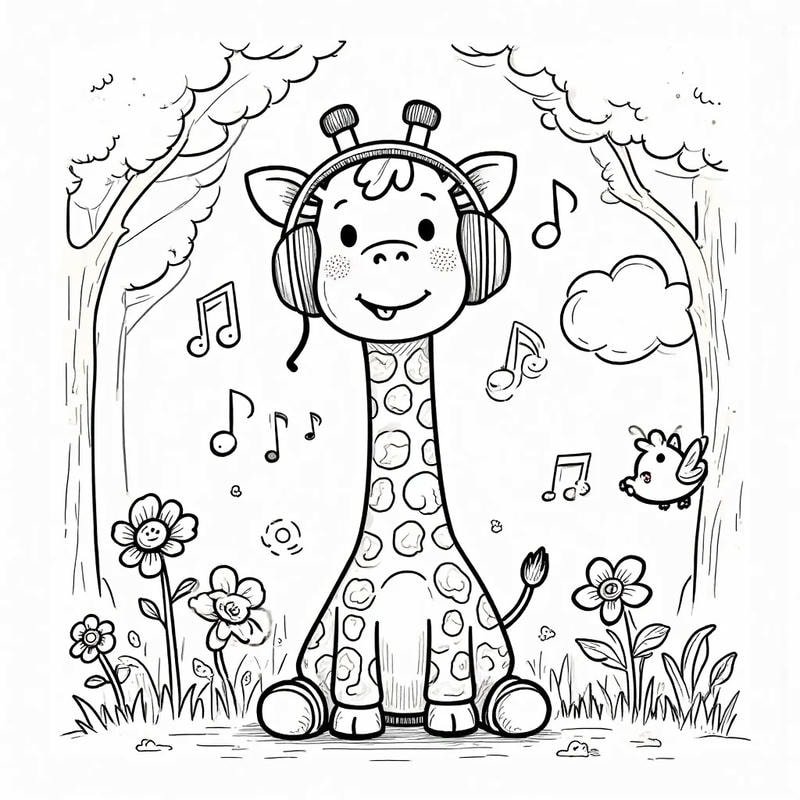 mẫu tô màu hươu cao cổ đứng ăn nghe nhạc