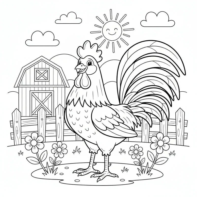 mẫu tranh gà trống chạy quanh sân nhỏ