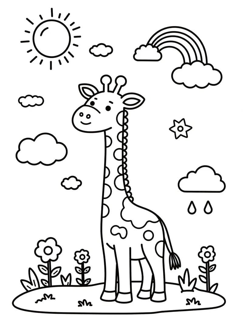 tô màu hươu cao cổ giữa vườn hoa