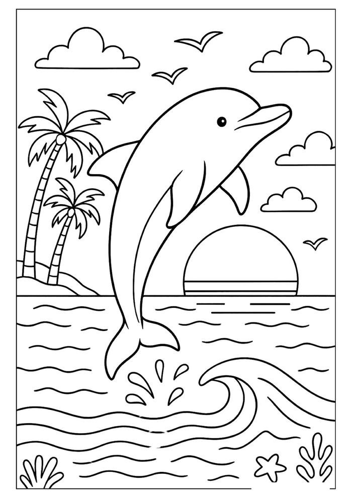 tranh tô màu cá heo bãi biển đơn giản