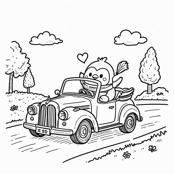 tranh tô màu chú vịt vàng lái xe đáng yêu cho bé