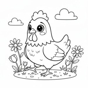 tranh tô màu con gà mái đang phơi nắng trong vườn