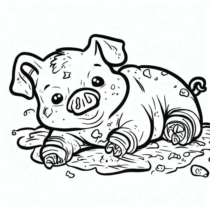 tranh tô màu con heo dáng nằm đáng yêu lầy lội