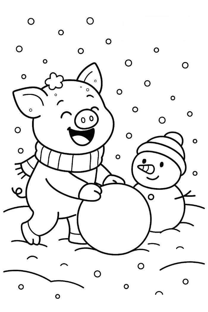 tranh tô màu con heo đang nặn người tuyết