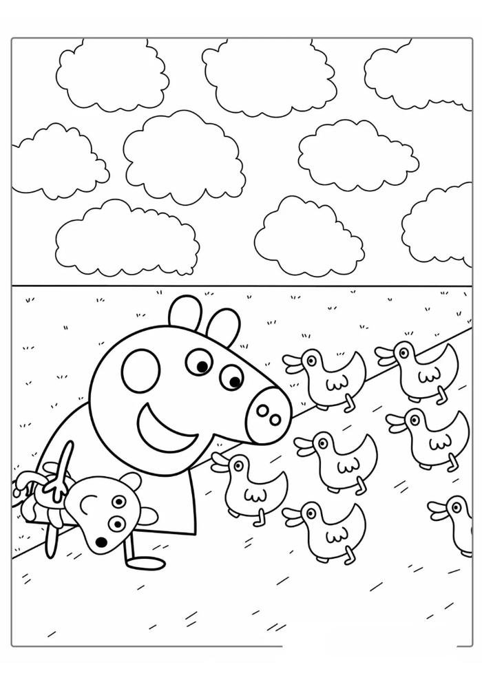 tranh tô màu con heo mũm mĩm hoạt hình dưới nắng sớm