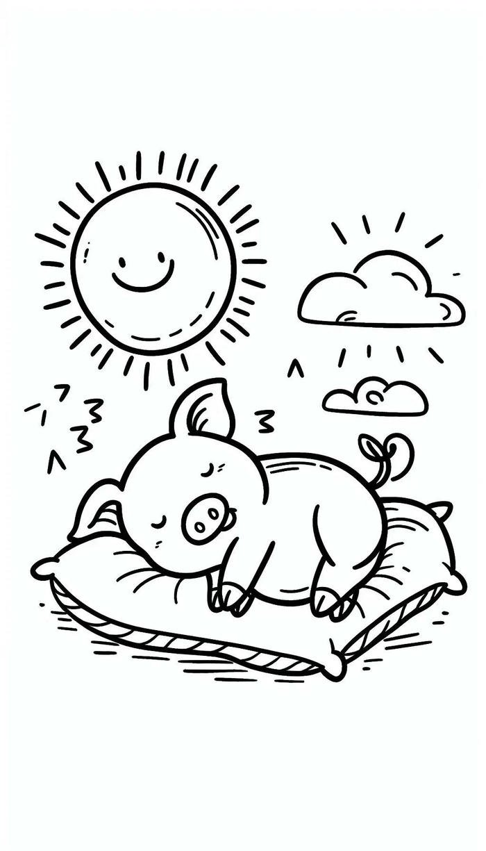 tranh tô màu con heo nũng nịu lăn tròn dưới nắng