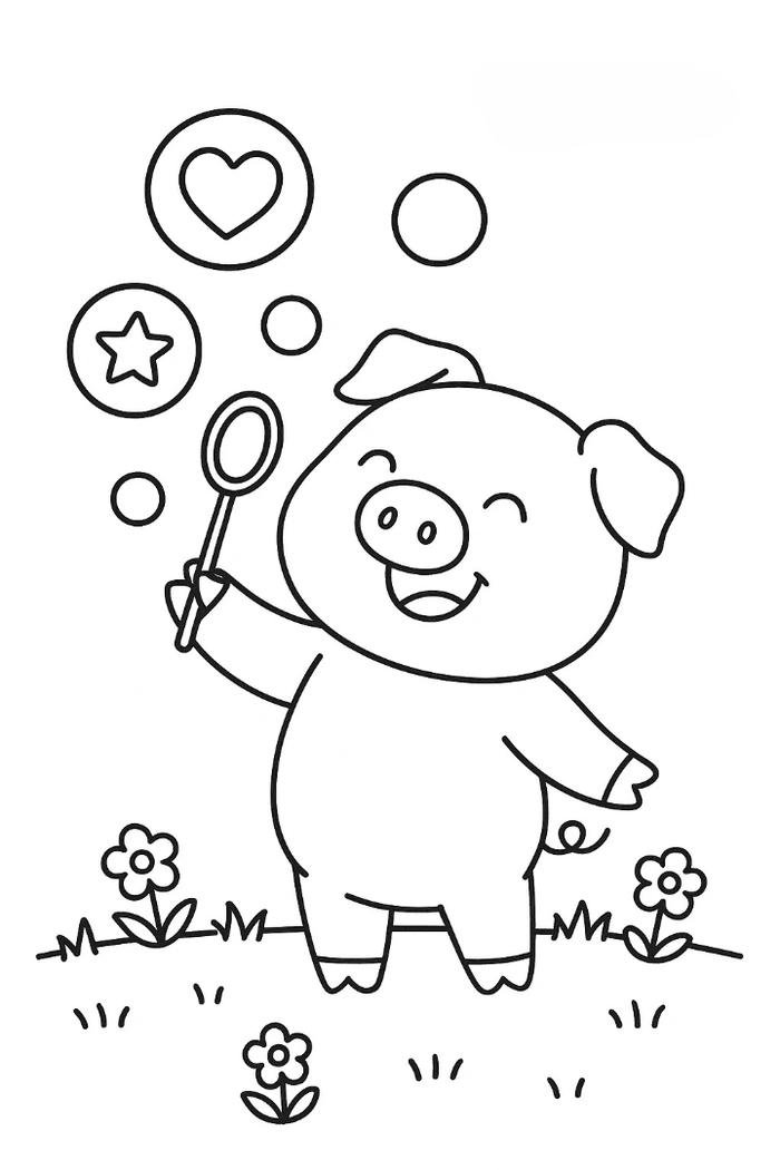 tranh tô màu con heo vui nhộn thổi bong bóng