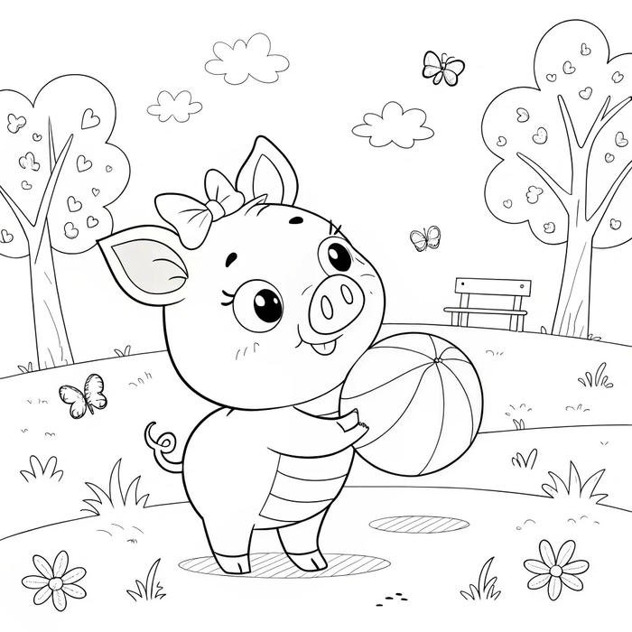 tranh tô màu con heo vui vẻ ôm bóng