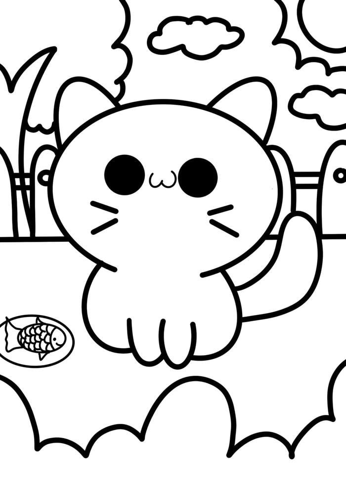 tranh tô màu con mèo bé nhỏ trong vườn ăn cá
