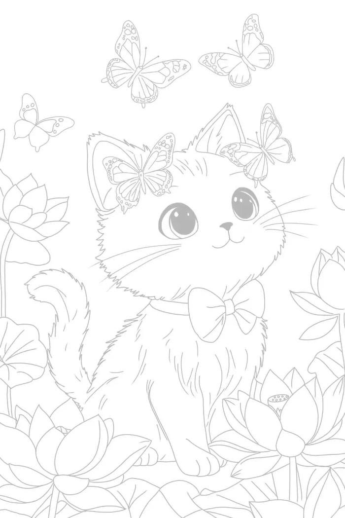 tranh tô màu con mèo cute bắt bướm