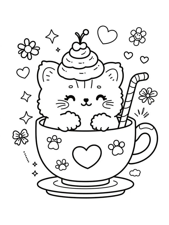 tranh tô màu con mèo ngồi trong ly