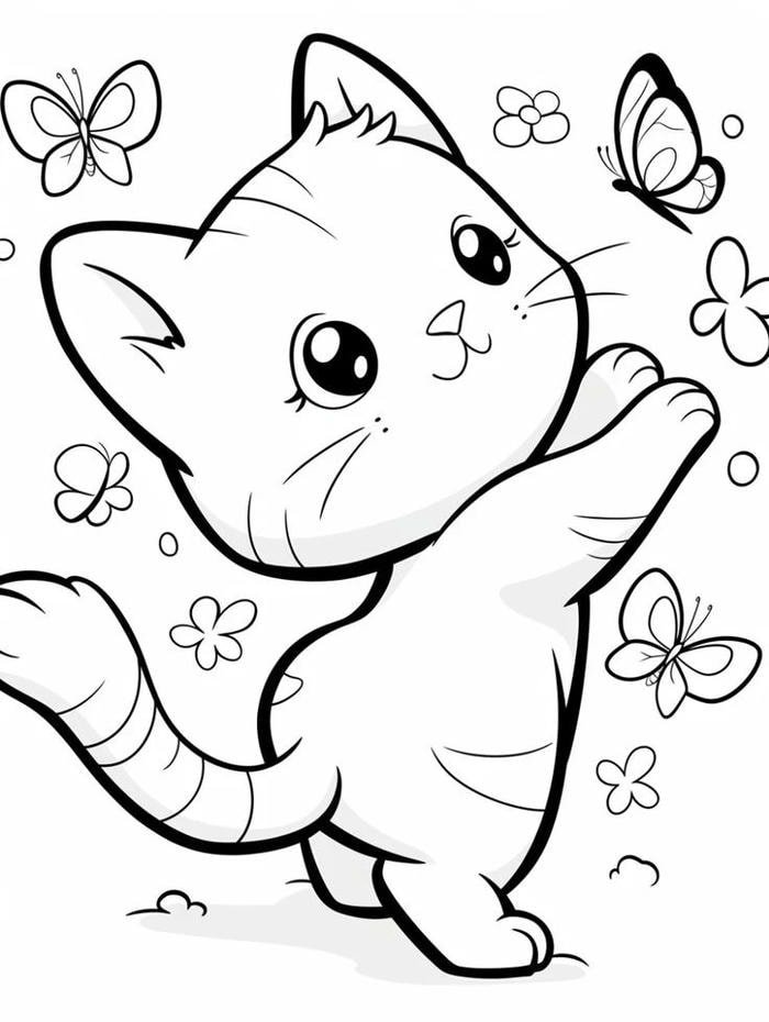 tranh tô màu con mèo nhảy nhót bắt bướm