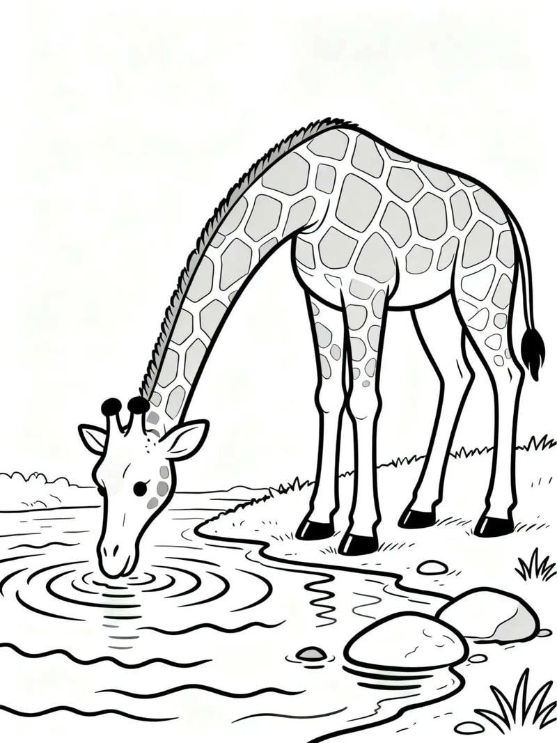 tranh tô màu hươu cao cổ đang uống nước