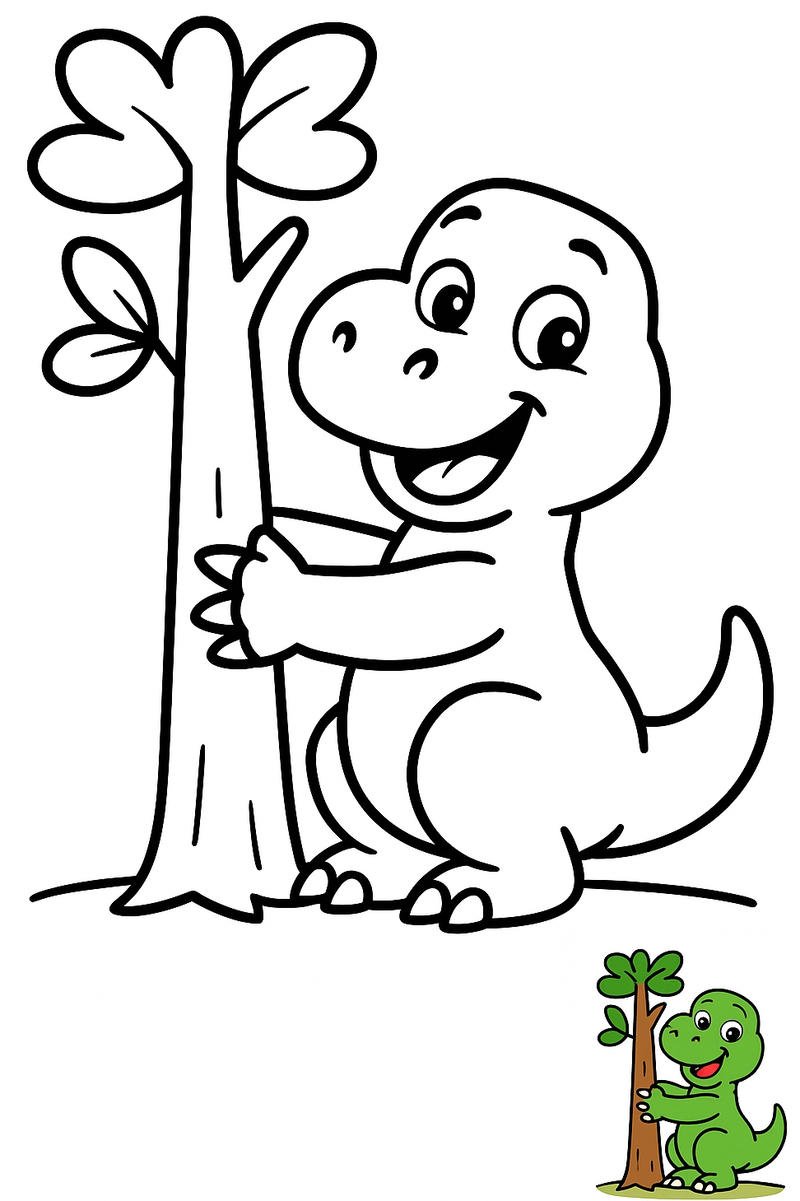 tranh tô màu khủng long ôm cây