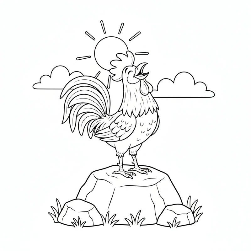 tranh vẽ gà trống thân tròn đứng trên tảng đá dễ thương