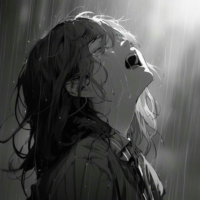 Ảnh anime nữ đen trắng ngước nhìn trời mưa buồn