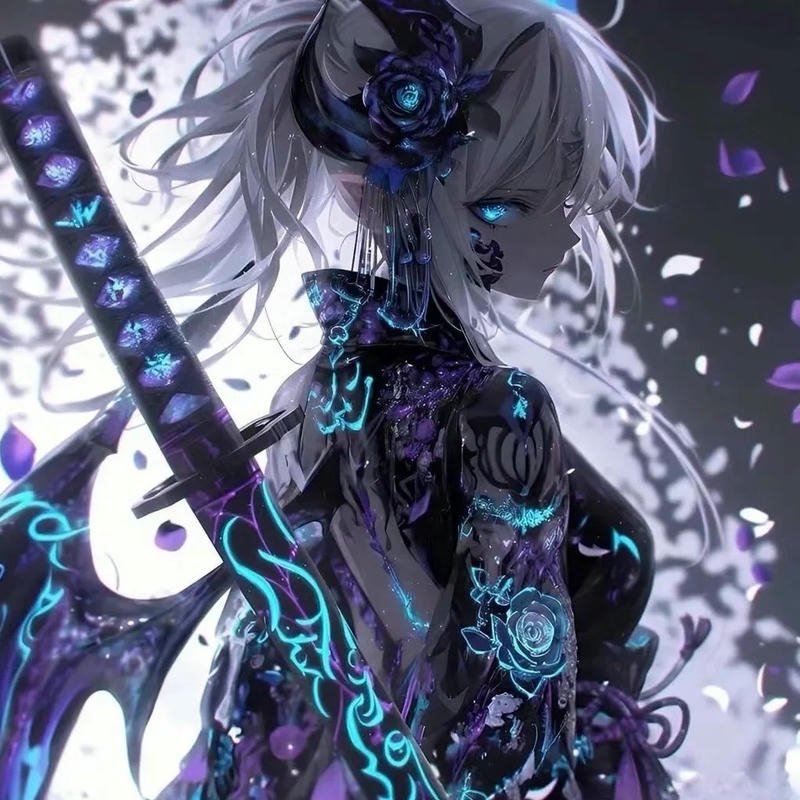 Ảnh anime nữ ngầu phong cách cyberpunk màu tím neon