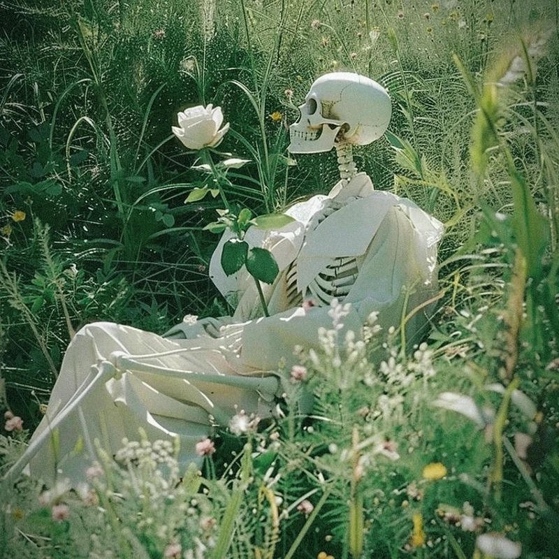 Ảnh bộ xương ngồi giữa đồng cỏ cầm hoa