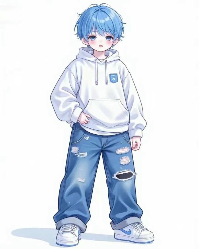 Ảnh chibi bé trai mặc áo hoodie xanh dương năng động