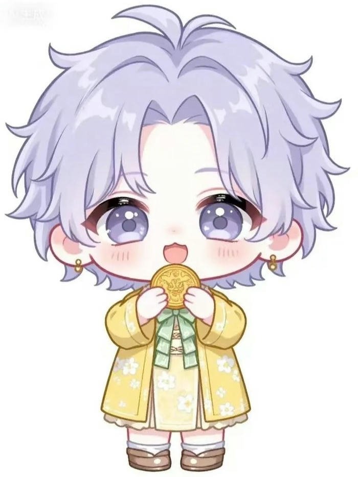 Ảnh chibi bé trai mặc áo khoác vàng tóc tím nhạt