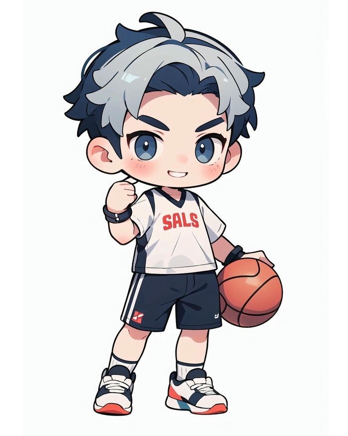 Ảnh chibi bé trai mặc đồ thể thao cầm bóng rổ