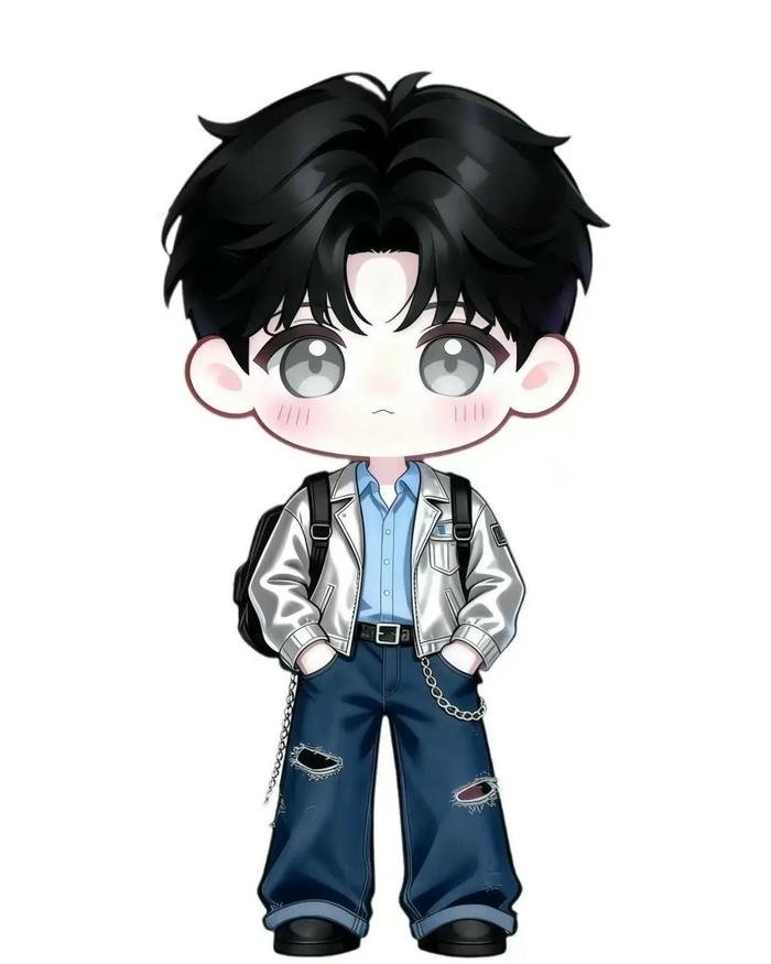 Ảnh chibi bé trai mặc quần yếm xanh tóc đen đẹp