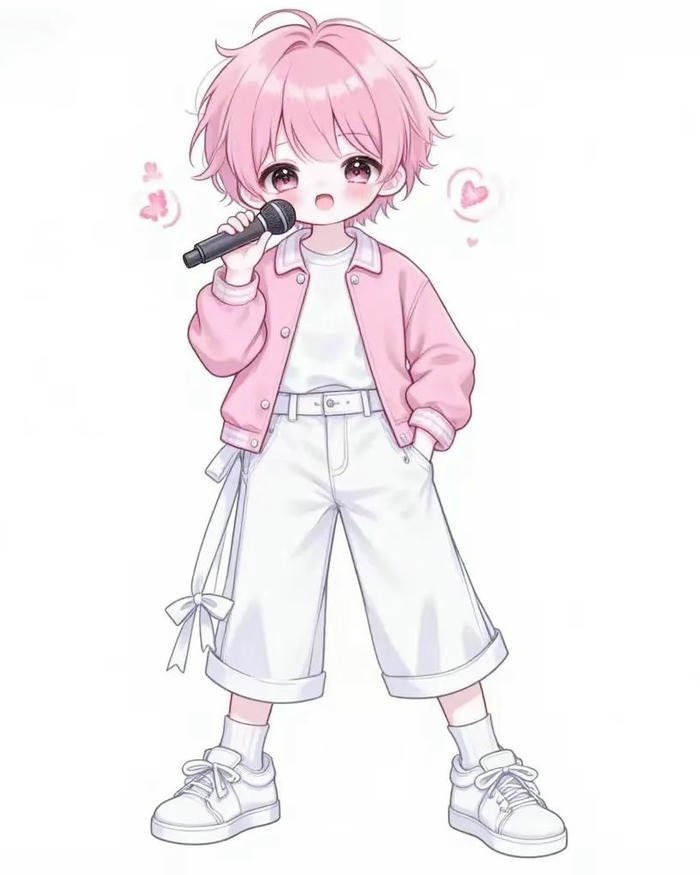 Ảnh chibi bé trai mặc trang phục màu hồng cầm micro