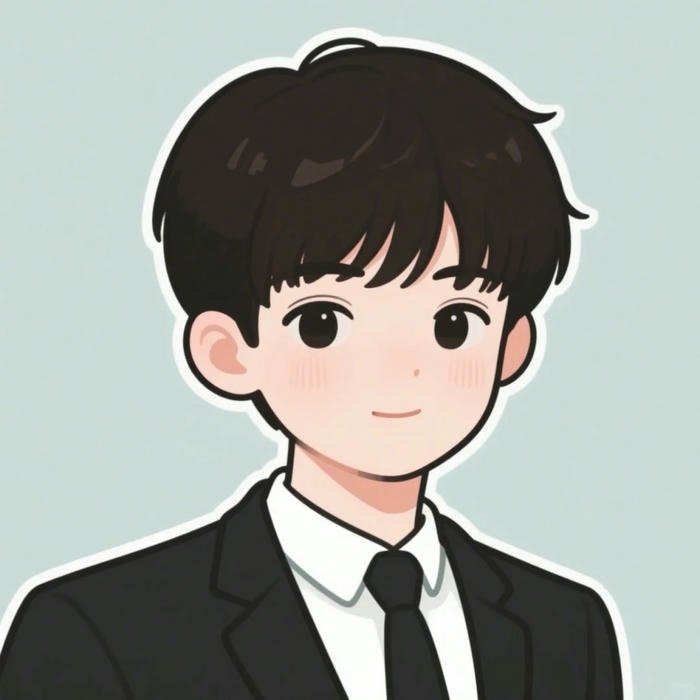 Ảnh chibi bé trai mặc vest đen cười mỉm nhẹ nhàng