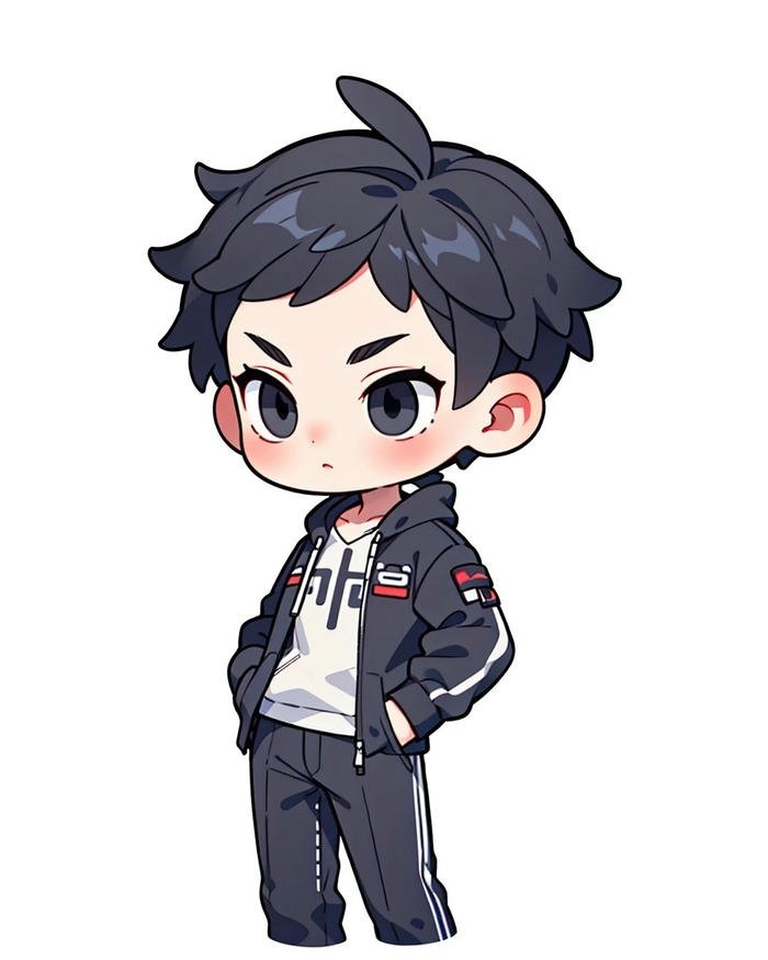 Ảnh chibi bé trai mặc vest đen dáng đứng lịch lãm