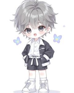 Ảnh chibi bé trai mặc vest xám phong cách học sinh