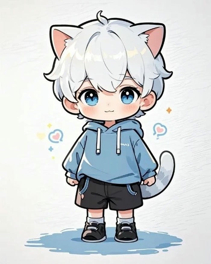 Ảnh chibi bé trai tai sói trắng áo xanh dương nhạt